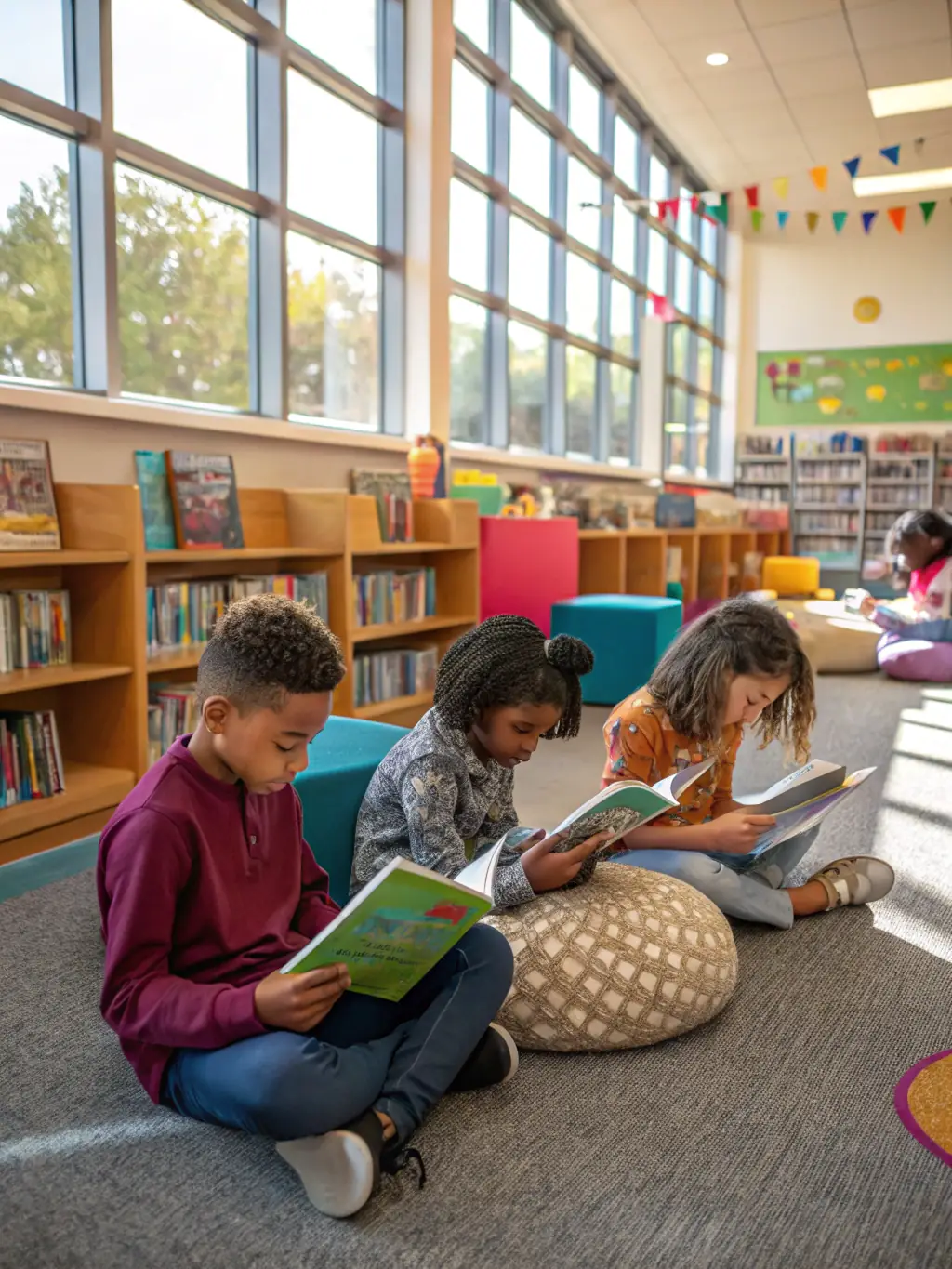 A cozy interior shot of the association’s community library, with shelves of books, children reading at a table, and a volunteer librarian assisting a visitor, highlighting the welcoming atmosphere.