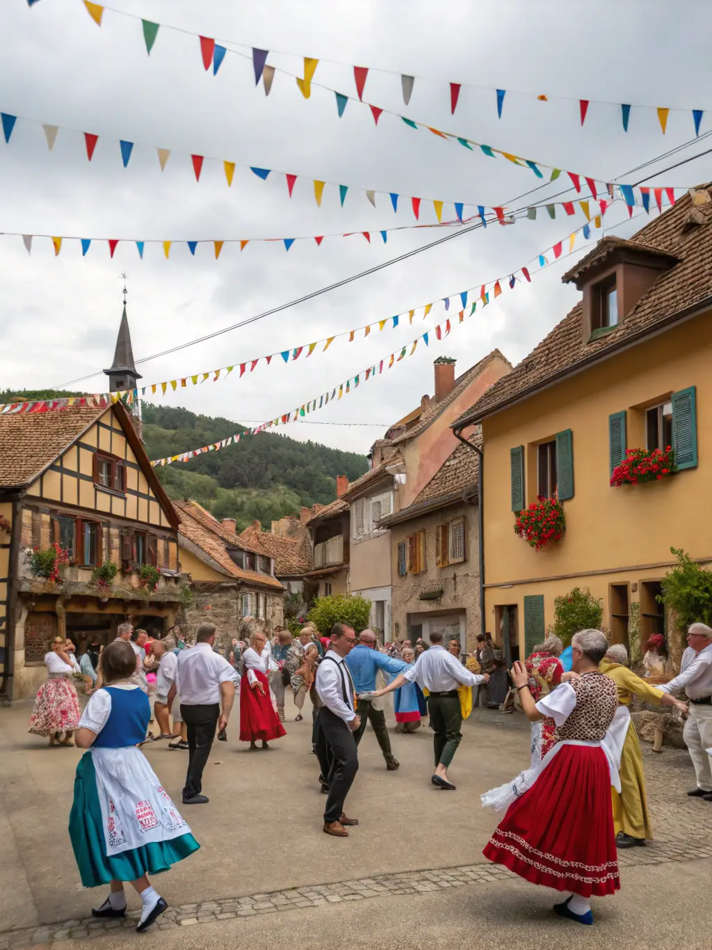 A festive outdoor event in Thénioux, with colorful banners, local musicians performing, and families enjoying traditional food and games.
