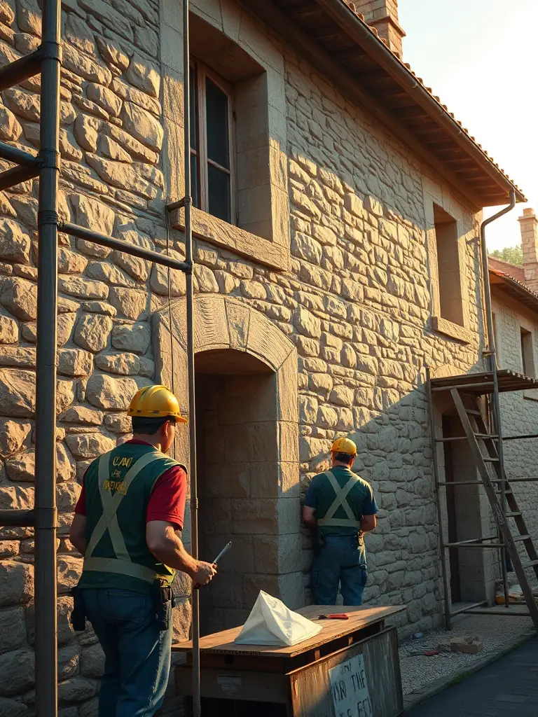 A vibrant photo of volunteers carefully restoring the stone façade of the historic Thénioux church, with scaffolding and restoration tools visible, under a clear sky, conveying active heritage preservation.