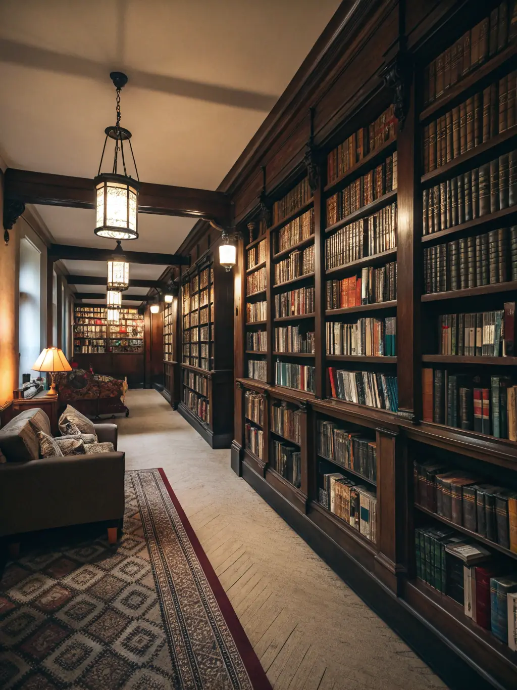 A cozy, inviting interior of the association’s community library, with shelves of books, reading tables, and local residents browsing or reading together.