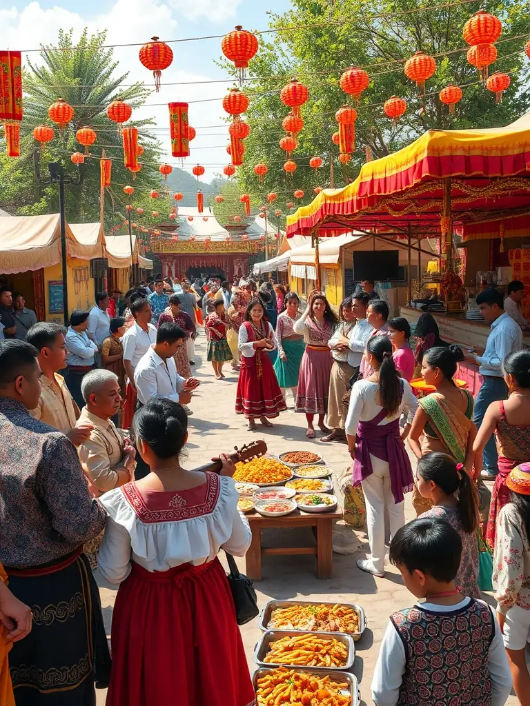 A lively scene from a summer cultural festival organized by the association, with local musicians performing on a small outdoor stage, families enjoying traditional food, and colorful decorations.