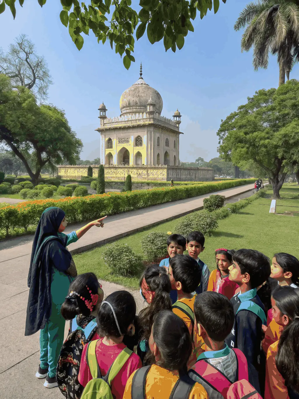 A candid photo of schoolchildren participating in a heritage discovery walk, guided by an association member, stopping to observe a historical monument and taking notes.