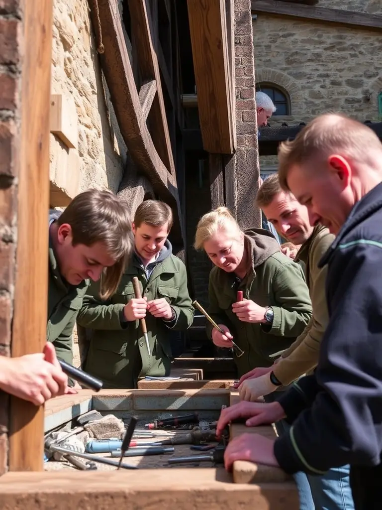 A vibrant photograph of local artisans carefully restoring the stone façade of the historic church in Thénioux, with scaffolding, tools, and intricate architectural details visible, capturing the dedication to heritage preservation.